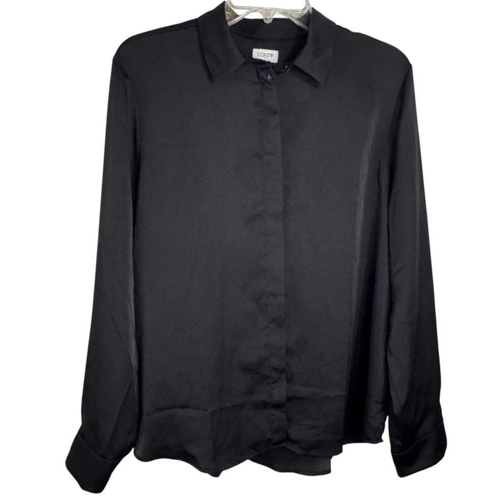 J Crew Black Drapey Satin Button Up Top Womens Large Long Sleeve Blouse Office